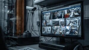 A CCTV control room or small shop in Lahore with a DVR_NVR system showing multiple camera