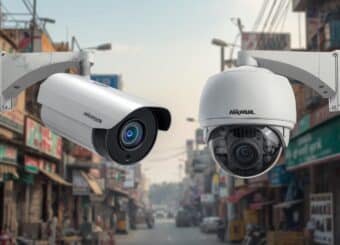 A Hikvision CCTV camera and a Dahua CCTV camera side by side on a street in Lahore.