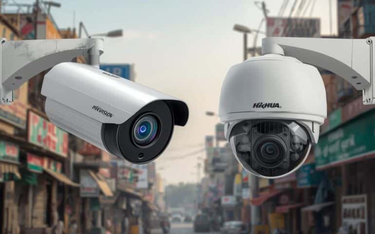 A Hikvision CCTV camera and a Dahua CCTV camera side by side on a street in Lahore.