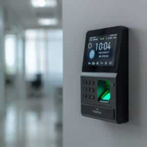 A close-up realistic image of a biometric time attendance machine with fingerprint and