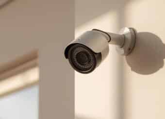 A high-quality photo of a modern CCTV camera installed on a home wal