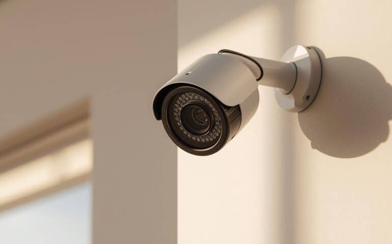 A high-quality photo of a modern CCTV camera installed on a home wal