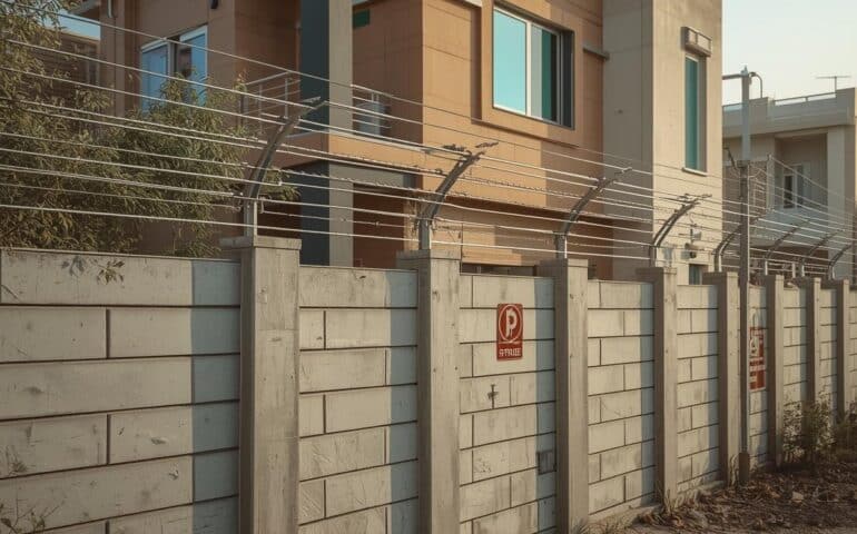 A modern Pakistani house with a strong boundary wall fitted with an electric fence system,