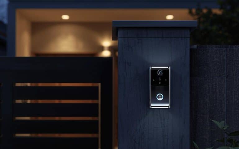 A modern house entrance in Pakistan at night with a smart video door bell and intercom system installed