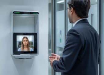 A modern office in Lahore using a face recognition attendance machine,