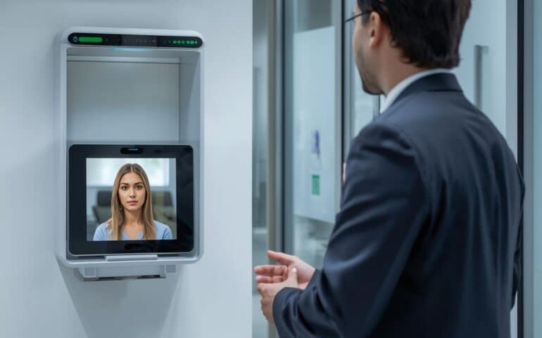 A modern office in Lahore using a face recognition attendance machine,