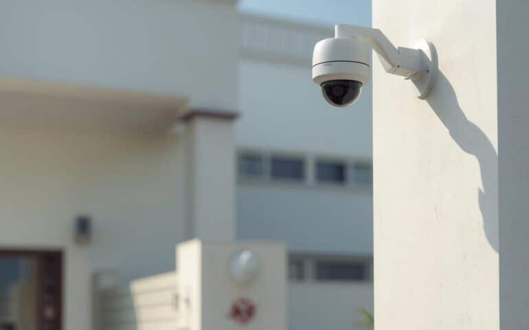A realistic image of a modern home and small business protected with CCTV cameras,