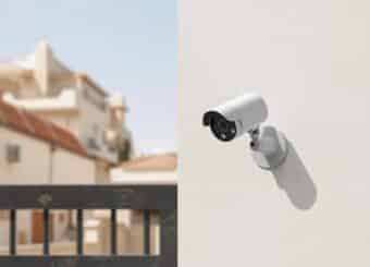 A realistic photo of a CCTV camera installed outside a residential house in Lahore.