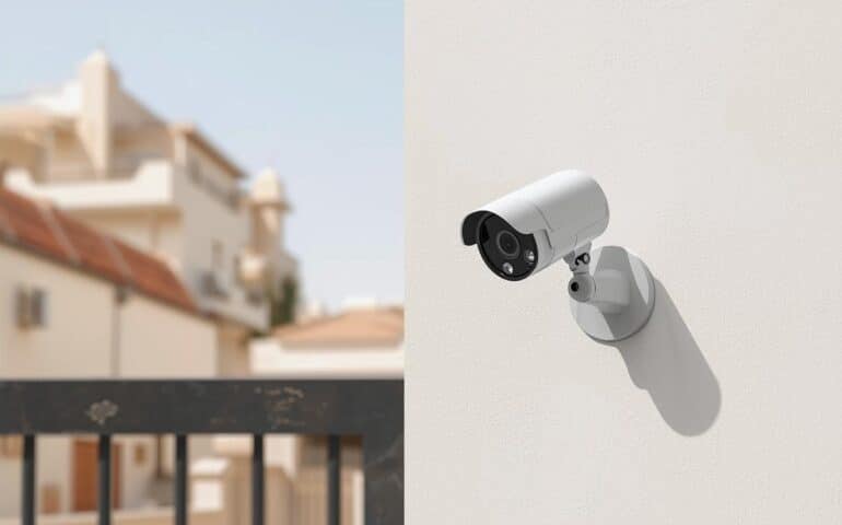 A realistic photo of a CCTV camera installed outside a residential house in Lahore.