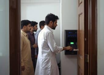 A realistic photo of a small office in Lahore where e