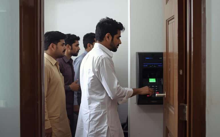 A realistic photo of a small office in Lahore where e