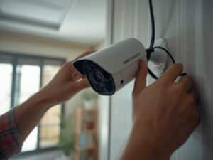 An installer fixing a CCTV camera in a Lahore home or office.