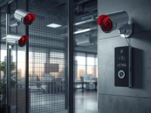 Business security setup showing CCTV cameras, electric fence, and video intercom system,