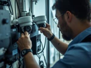 Close-up of a security expert adjusting CCTV camera wiring