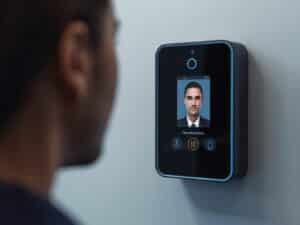 Close-up view of a face recognition attendance machine mounted on a wall,
