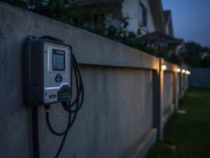 Close-up view of an electric fence installed on a residential boundary wall in Pakistan