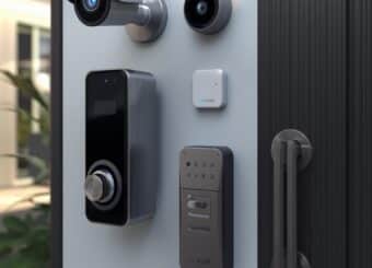 Modern home security system with CCTV cameras, motion sensors, and smart locks,