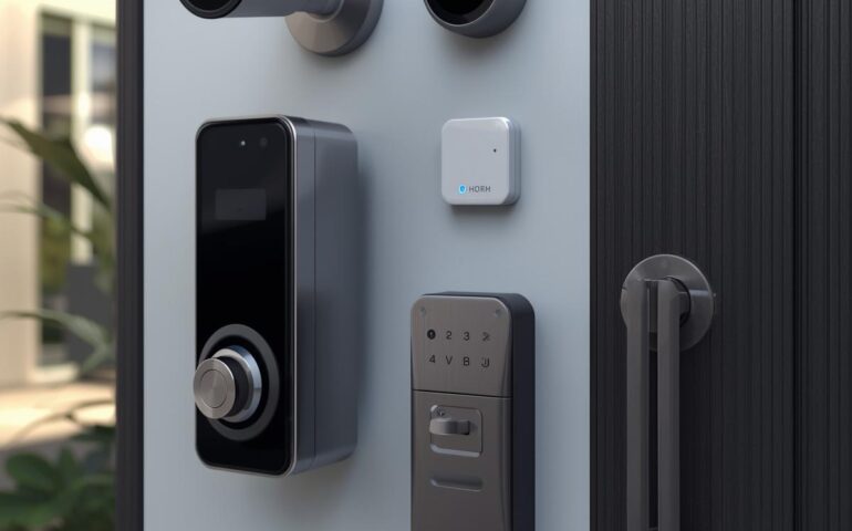 Modern home security system with CCTV cameras, motion sensors, and smart locks,