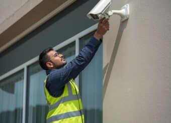 Professional CCTV technician installing security cameras outside a commercial building in Pakistan,