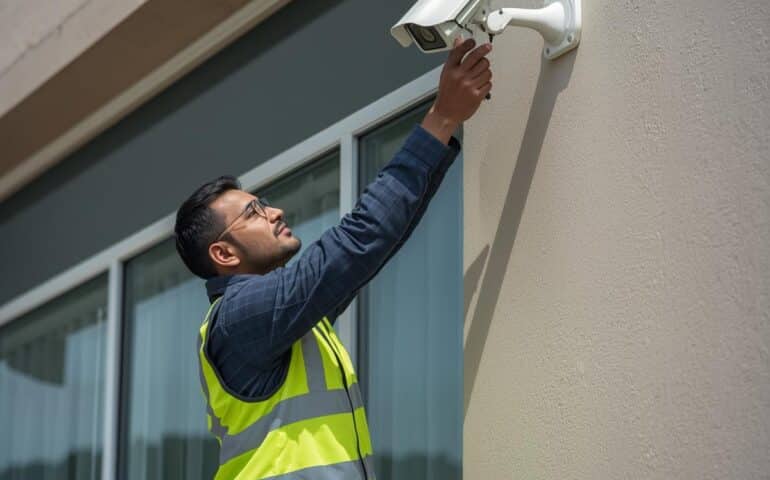 Professional CCTV technician installing security cameras outside a commercial building in Pakistan,