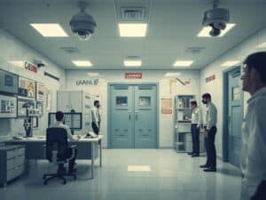 A Lahore office with CCTV cameras, alarm system, and secure doors,