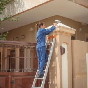 A real-life photo of a CCTV technician installing security cameras outside a residential house