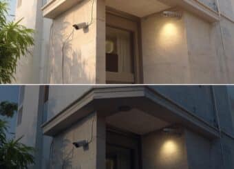 A realistic outdoor view of a modern Pakistani home or small office with multiple CCTV cameras installed