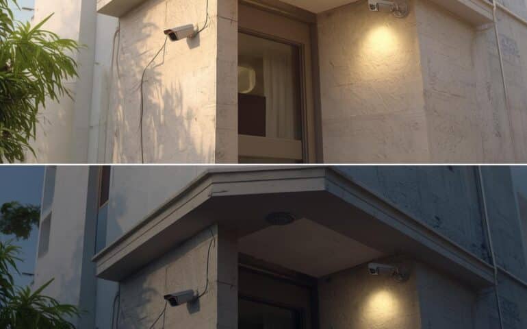 A realistic outdoor view of a modern Pakistani home or small office with multiple CCTV cameras installed