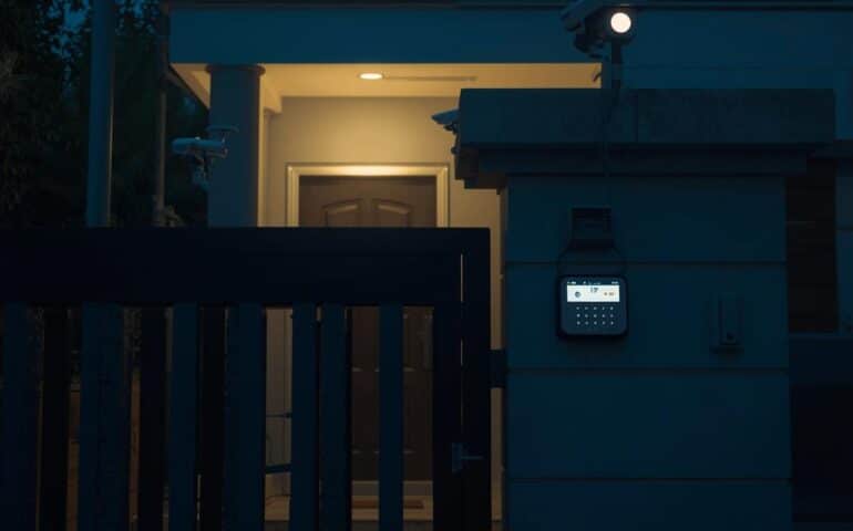A realistic photo of a Pakistani house at night with a modern home security system installed.