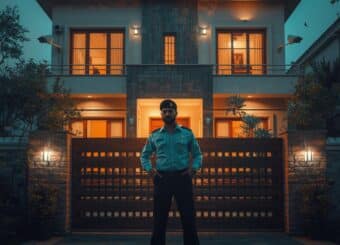 A security guard standing in front of a modern home in Lahore with CCTV cameras