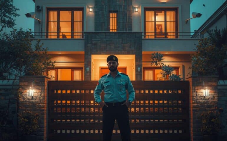 A security guard standing in front of a modern home in Lahore with CCTV cameras