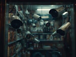 CCTV cameras monitoring a small shop in Pakistan, shop interior view,