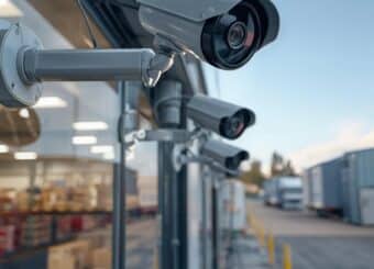 Close-up of CCTV cameras covering a shop and warehouse, high-quality resolution, visible security monitoring setup, realistic style.