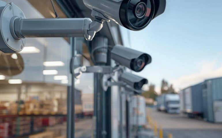 Close-up of CCTV cameras covering a shop and warehouse, high-quality resolution, visible security monitoring setup, realistic style.