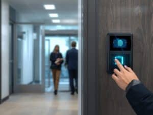 Fingerprint attendance machine installed in an office hallway, access