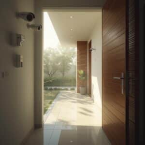 Prompt_ “A modern Pakistani home with CCTV cameras, motion sensors, and smart locks installed, family feeling safe inside, daytime, realistic style.”