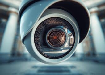 Close-up of a modern CCTV camera mounted o