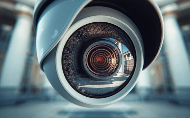 Close-up of a modern CCTV camera mounted o