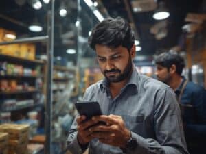 Shop owner in Lahore checking CCTV footage on a mobile phone inside a retail shop,